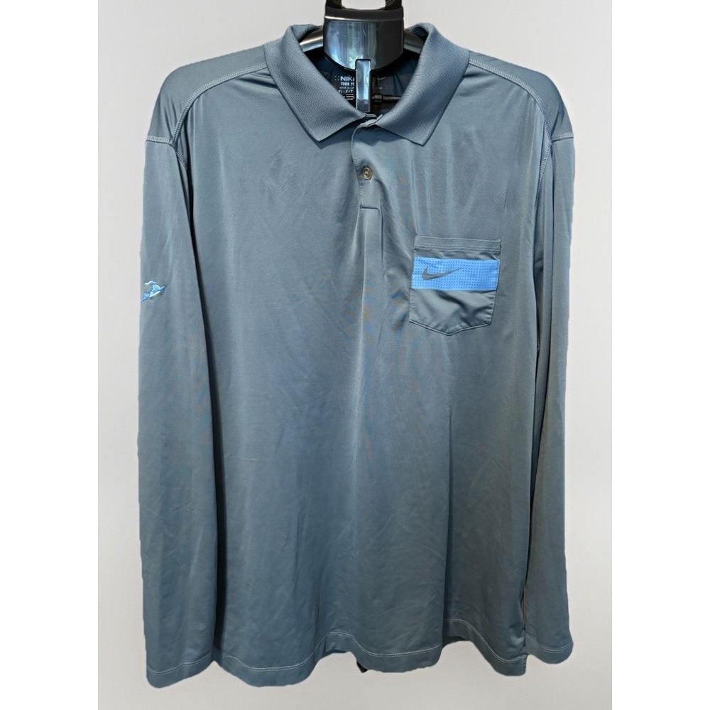 NIKE Gray XL Dri-Fit Golf Tour Performance Polo Shirt Long Sleeve Gazelle Logo